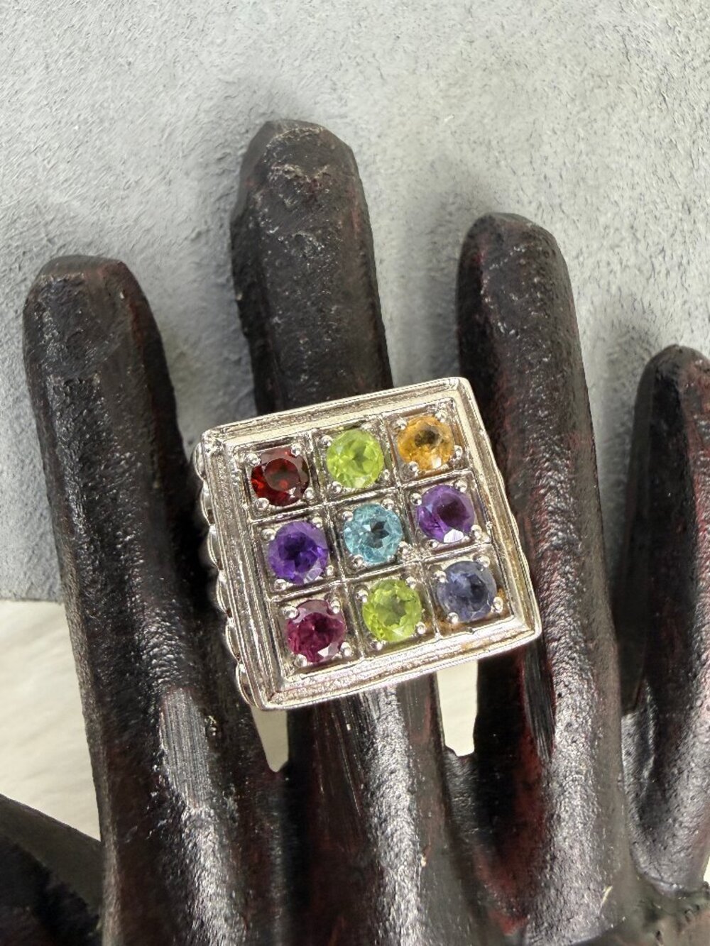 Karis Stainless Steel w/ Multi-Gemstone Silver Tone Ring Size 10.5